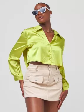 Anika  Cropped High Low Satin Shirt - Neon Green