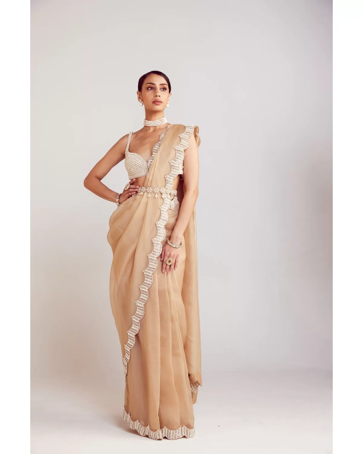 Beige Pearl Embellished Sari Set