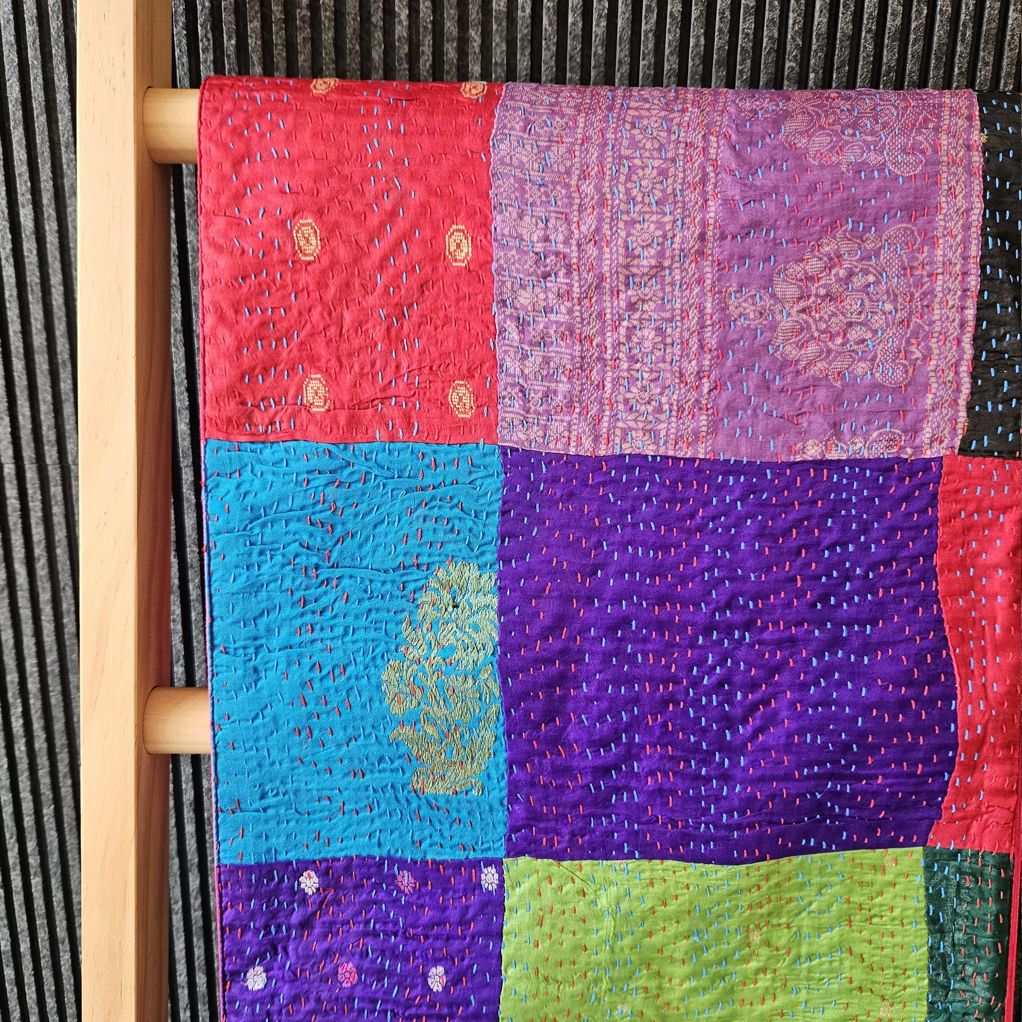 Bright Vintage Sari Kantha Patchwork Table Runner with Frill