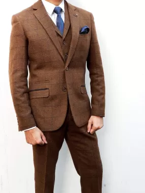 Cavani Kemson Brown Men's 3 Piece Slim Fit Tweed Suit