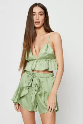 Green Bralette Pyjamas Set Satin