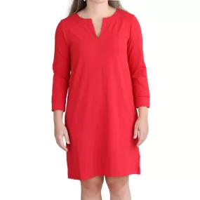 Lilla P 3/4 Sleeve Split Neck Dress - Ruby